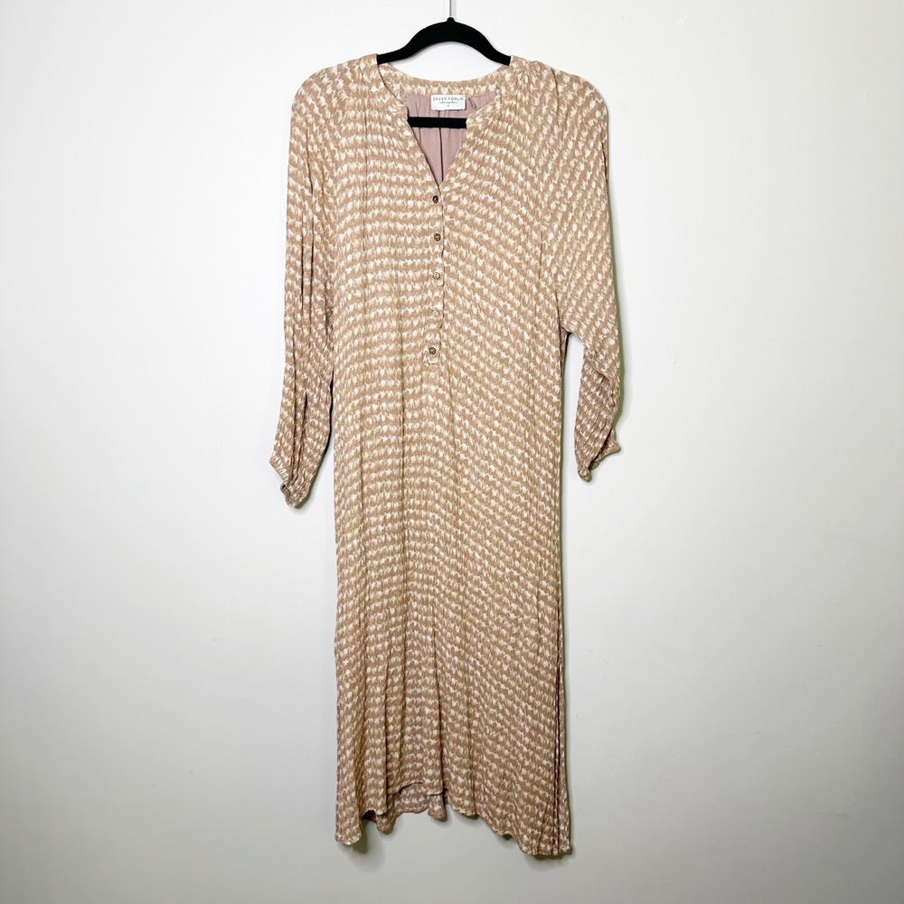 Dress Forum Midi Dress Women S Tan Cream Abstract Henley Long Sleeve Modest